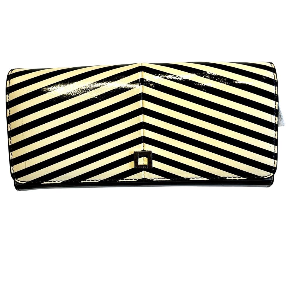 Lodis brand striped beige & black Chevron patent leather wallet clutch purse